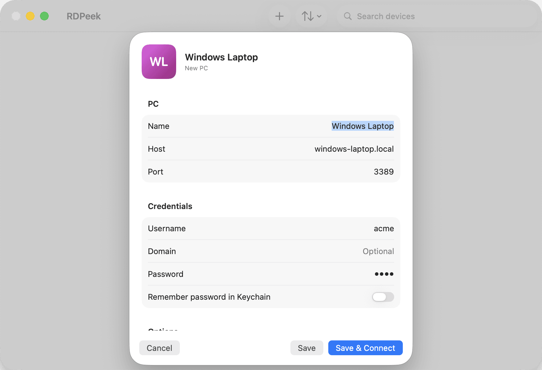 The Add PC sheet: name, host, port, and credential fields with a live gradient tile preview