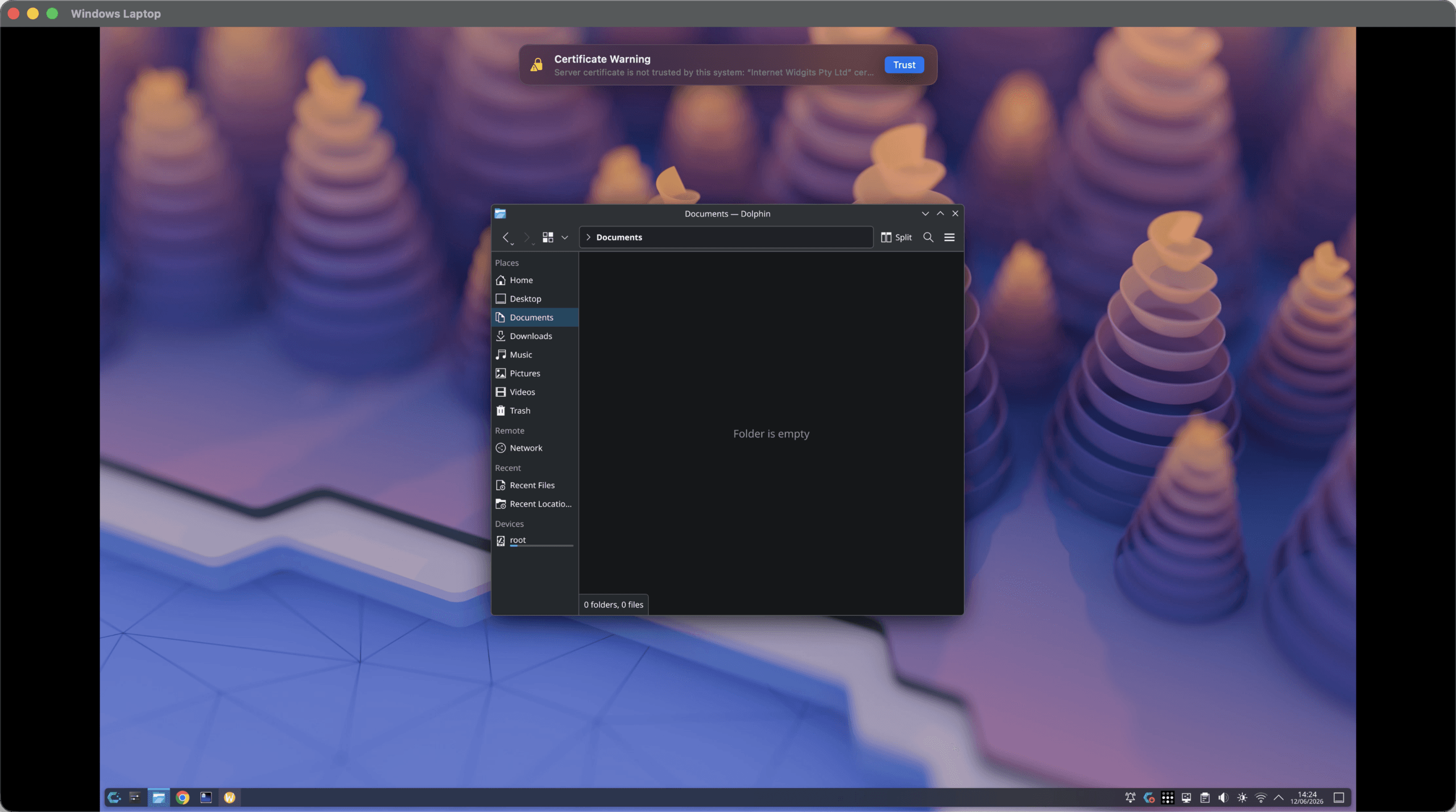An RDPeek session window: a full-bleed remote KDE desktop with a certificate trust banner at the top